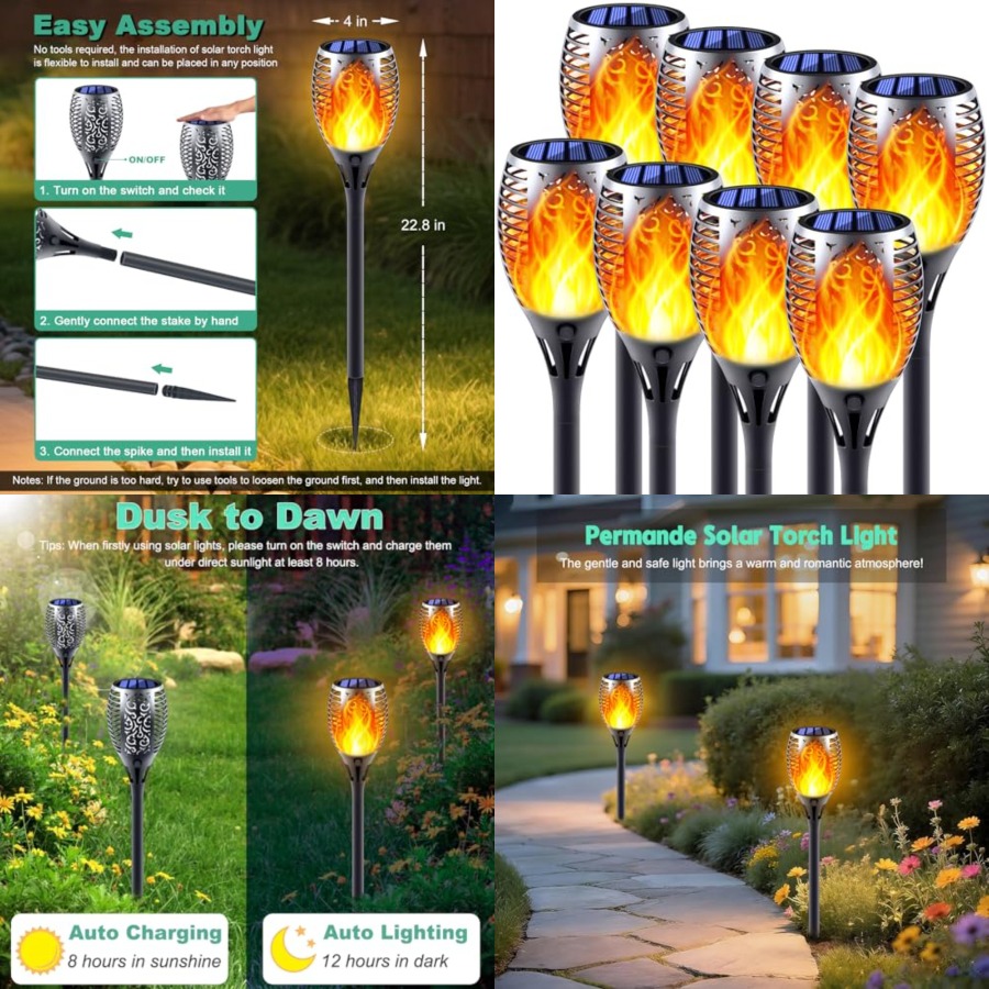 Fire Torch Solar - أضواء شمسية بتأثير اللهب المتذبذب، إضاءة